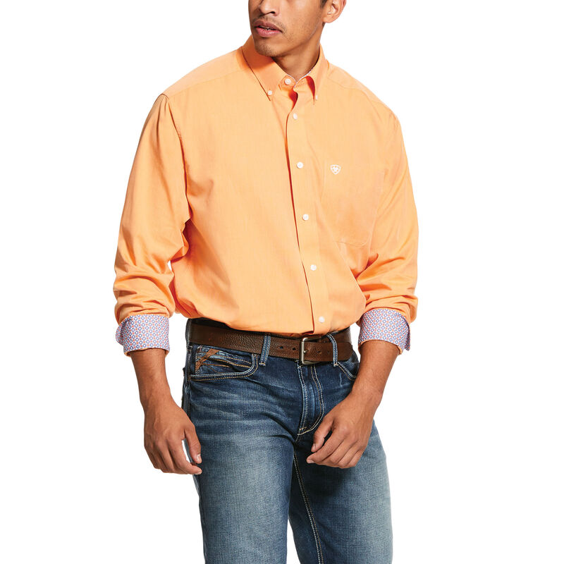 Ariat Western: Wrinkle Free Solid Pinpoint Oxford Classic Fit Camisa Hombre - Mango (GWVIK1639)